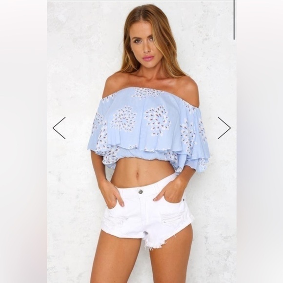 Blue Floral Print Ruffle Off The Shoulder Top - Picture 3 of 7